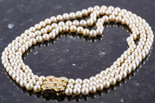 Three-row Pearl Necklace massive jewelry clasp with 23 Diamonds yellow gold photo 11