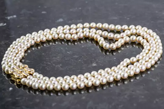 Three-row Pearl Necklace massive jewelry clasp with 23 Diamonds yellow gold photo 12
