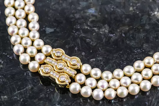 Three-row Pearl Necklace massive jewelry clasp with 23 Diamonds yellow gold photo 1